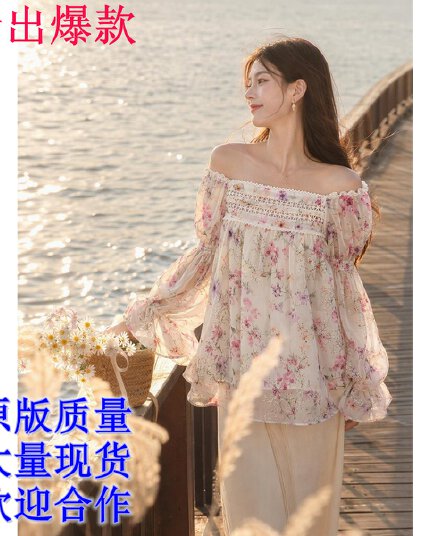 실사 정가 꽃무늬 레이스 오프숄더 루즈핏 쉬폰 블라우스 오프숄더 달콤함 신선함 소녀 맨위