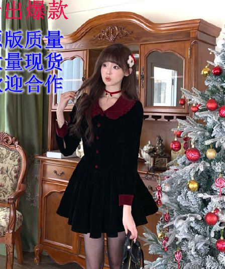 기타 한 작은 물고기 크랜베리 블랙 숙련 된 프랑스식 레트로 검정색 벨벳 여성 드레스 가을 겨울 품격 패치워크 작은 검은 드레스