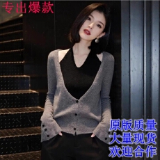 批发法式假两件V领挂脖针织衫女春秋时尚微<b class='q'>胖</b>MM<b class='q'>显瘦</b>减龄百搭毛衣上衣