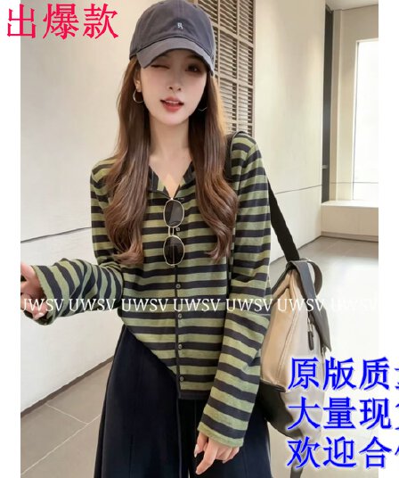Annan uwsv 새로운 레트로 패션 디스플레이 얇고 작은 표준 스트라이프 오픈 가디건 스웨터
