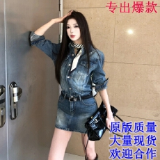 批发巴黎腔调翻领牛仔裙子女早<b class='q'>春</b>纽扣简约连衣裙气质显瘦设计感时