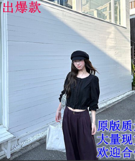 googooeyes 주간 실크 코튼 프랑스식 검정색 레이스 칼라 작은 셔츠 맨위 이른 가을 빛 달콤한 다용도 긴팔 셔츠