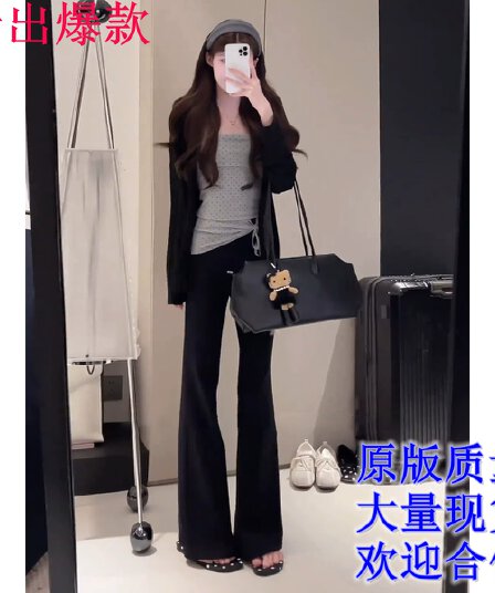 로프 도트 무늬 슬립 매칭 얇고 가벼운 오픈 가디건 슬림해 보이는 검정색 와이드 레그 팬츠 3종 세트
