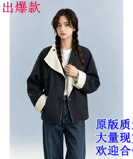 양면 웨어러블 배색 레트로 체크무늬 와 성별 가을 어깨 뒤집다 스탠드 칼라 짧은 바람막이 여성 코트