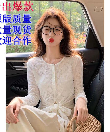 프랑스식 레트로 자수 홀로우 아웃 레이스 셔츠 여성 이른 가을 얇고 가벼운 통기성 나비 넥타이 긴팔 인사이드 가져 가라. 기본 셔츠