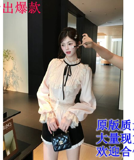 기타 한 작은 물고기 musefish 그는 당겨서 미스 레이스 레이스 배색 레이스업 셔츠 레이스 반바지 세트 여성