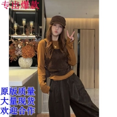 批发焦糖叠叙秋季新款韩系显瘦百搭拼接真两件套长袖T恤上衣+皮裤