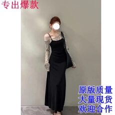 批发新款爱心波点斜肩拼接收腰显瘦长裙气质假两件长袖连衣裙