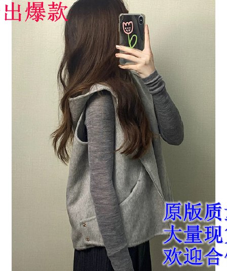 프랑스식 패션 미니멀리즘 바람 후드 모직 조끼 여자 가을 새로운 고급 센스 루즈핏 다용도 민소매 재킷 트렌디
