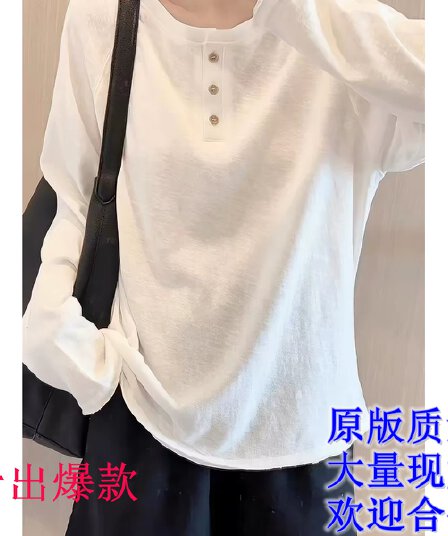 통기성 마 센스 대나무 마디 면 미니멀리즘 화이트 긴팔 티셔츠 여성 루즈핏 느긋한 바람 가을 외출용 라운드 넥 단추 맨위