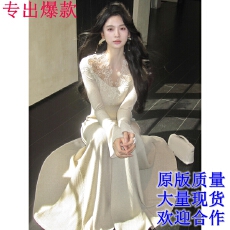 批发从一时刻不知雪温柔氛围感蕾丝v领针织连衣裙收腰显瘦a摆长裙