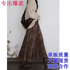 批发DR 复古新中式印花褶皱加厚丝绒A字伞裙<b class='q'>半身</b>裙女长裙松紧高腰百搭