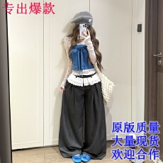 批发宋正恩蓝色小碎花微透修身长袖<b class='q'>T</b><b class='q'>恤</b>女春季新款内搭打底衫上衣套<b class='q'>装</b>