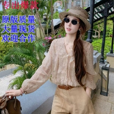 批发鱼兔子 法式V领荷叶边气质雪纺衫女2026秋季新款<b class='q'>长袖</b>波点衬衫上衣