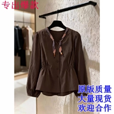 批发韩式慵懒风<b class='q'>长袖</b>收腰丝巾V领小衫秋季新款宽松显瘦松弛感百搭上衣