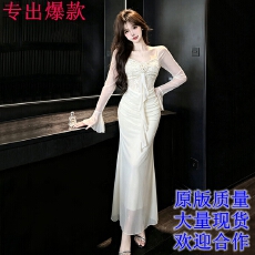 批发法式纯欲风设计感蕾丝拼接鱼尾包臀裙<b class='q'>网纱</b>叭袖连衣裙