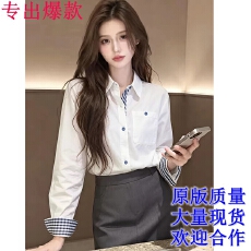 批发白色polo领<b class='q'>长袖</b><b class='q'>衬衫</b>女士夏季设计感法式拼接格子高知小资<b class='q'>衬衣</b>上衣