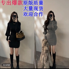 批发复古冬季灯笼袖半高领<b class='q'>连衣裙</b>秋冬裙子褶皱收腰短裙DT1809
