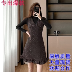 批发千金感小香风针织花边<b class='q'>背心裙</b>女冬季法式甜美小个子叠穿波点连衣裙
