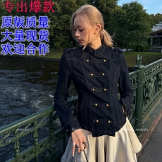 批发8uioio'拿破仑蓝调'复古风双排扣牛仔外套女秋季新款显瘦夹克上衣