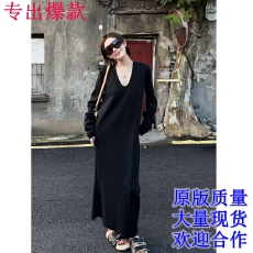 批发早秋新款韩系简约U型领长袖中长款百搭<b class='q'>西装</b>连衣裙女