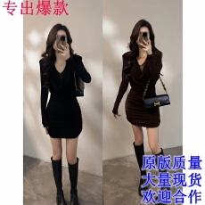 批发大婷婷<b class='q'>拼接</b>蕾丝辣妹荡领褶皱<b class='q'>连衣裙</b>长袖秋冬时尚显瘦裙子