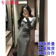 批发从一时刻新闻女王蕾丝拼接网纱针织连衣裙秋款女收腰显瘦长裙