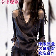 批发2026年秋季新品时尚法式V领蕾丝拼接露肩上衣女显瘦绑带收腰内搭