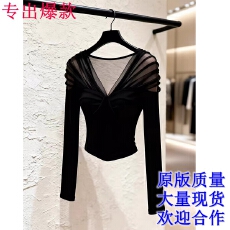 批发2026秋新款法式赫本风小衫高级感轻奢减龄洋气黑色<b class='q'>网纱</b>拼接<b class='q'>上衣</b>