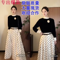 批发秋季新款丝绒修身正肩中袖女显瘦百搭气质内搭上衣+波点半裙套装