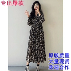 批发法式高级感复古系带收腰显瘦碎花雪纺<b class='q'>连衣</b>裙2026年秋季印花<b class='q'>长裙女</b>