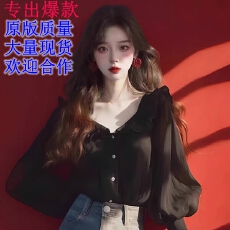 批发2026早春秋新款衬衫小众别致高级感韩系减龄黑色荷叶边<b class='q'>雪纺上衣</b>