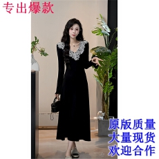 批发2026新款法式小香赫本风<b class='q'>黑色</b>v领连衣裙子女春秋季高级感内搭<b class='q'>长裙</b>
