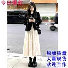 批发2026新款黑色千金小香风外套<b class='q'>连衣裙</b>子女秋冬韩系穿搭一整套装长裙