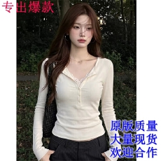 批发韩系亨利领蕾丝拼接<b class='q'>长袖</b><b class='q'>t</b><b class='q'>恤</b><b class='q'>女</b>秋季气质绝美修身内搭半开领打底衫