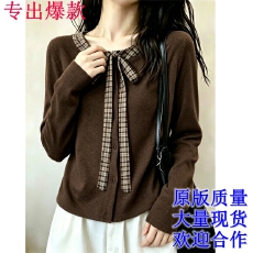 批发拼接蝴蝶结衬衫<b class='q'>女</b>早秋正肩显瘦遮肉巨好看<b class='q'>长袖</b>格子单穿上衣打底衫