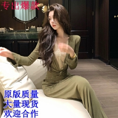 批发木子李的李 温婉性感深V蕾丝拼接<b class='q'>长袖</b>针织连衣裙收腰鱼尾长裙秋季