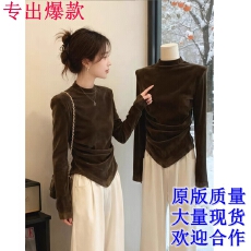 批发咖色金丝绒半<b class='q'>高领</b><b class='q'>打底衫</b>女秋冬内搭小个子不规则长袖t恤收腰上衣