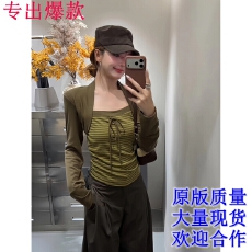 批发新品WenWen韩系条纹撞色磨毛坎肩假两件显瘦修身<b class='q'>T</b><b class='q'>恤</b>上衣女