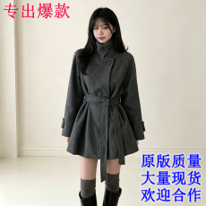 批发2026复古风单排扣纯色毛呢外套大衣女冬季新款绑带<b class='q'>中长款</b>呢子上衣