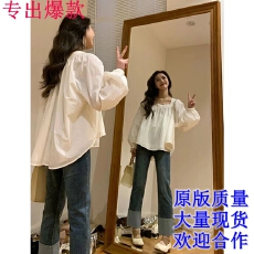 批发法式白色方领泡泡袖<b class='q'>长袖</b><b class='q'>衬衫</b>女春季别致小衫设计感小众娃娃衫上衣