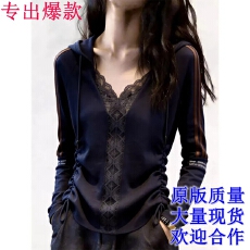 批发2026年秋季新品法式蕾丝拼接连帽上衣女藏蓝色绑带收腰显瘦款小衫