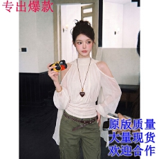 批发早秋韩系白色挂脖飘带露肩雪纺上衣女褶皱收腰小衫设计感长袖<b class='q'>衬衫</b>