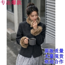 批发实拍实价复古深灰色显瘦气质通勤立领毛领长袖短款修身毛呢外套