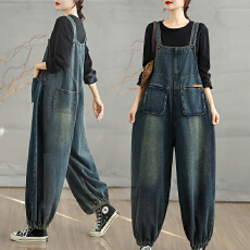 批发实拍2025秋季新款宽松文艺<b class='q'>大</b>码牛仔背带裤<b class='q'>女</b>