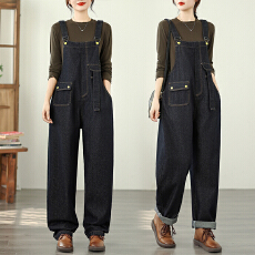 批发实拍2025秋季新款文艺复古宽松休闲牛仔背带裤<b class='q'>女</b>