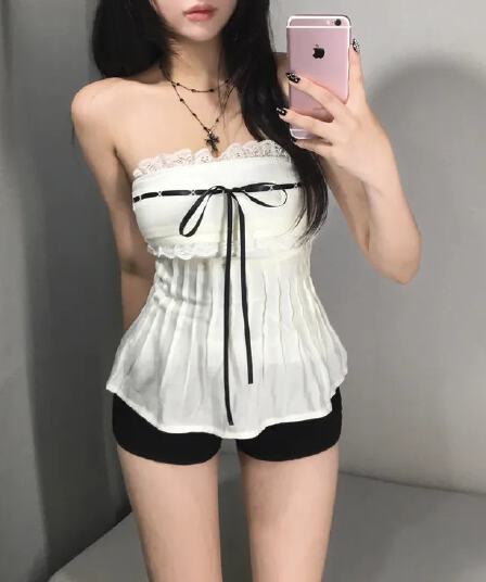 있음 선적 한국 chic 순수한 욕망 바람 스트랩 레이스 측면 캐미솔 여름 나비 매듭 슬림해 보이는 튜브탑 맨위