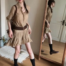 批发已出货 韩国chic复古简约<b class='q'>连衣裙</b>假两件polo领衬衫法式<b class='q'>百褶</b>短裙