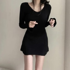 批发已出货<b class='q'>韩国</b>chic高级感喇叭长袖气质针织裙温柔风v领收腰A字连衣裙