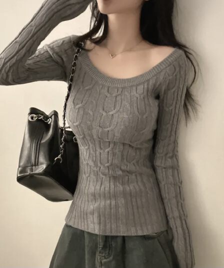 있음 선적 한국 chic 봄 가을 기타 착용 법 비스듬한 어깨 보트넥 꽈배기 몸매 가꾸기 슬림해 보이는 긴팔 니트 맨위